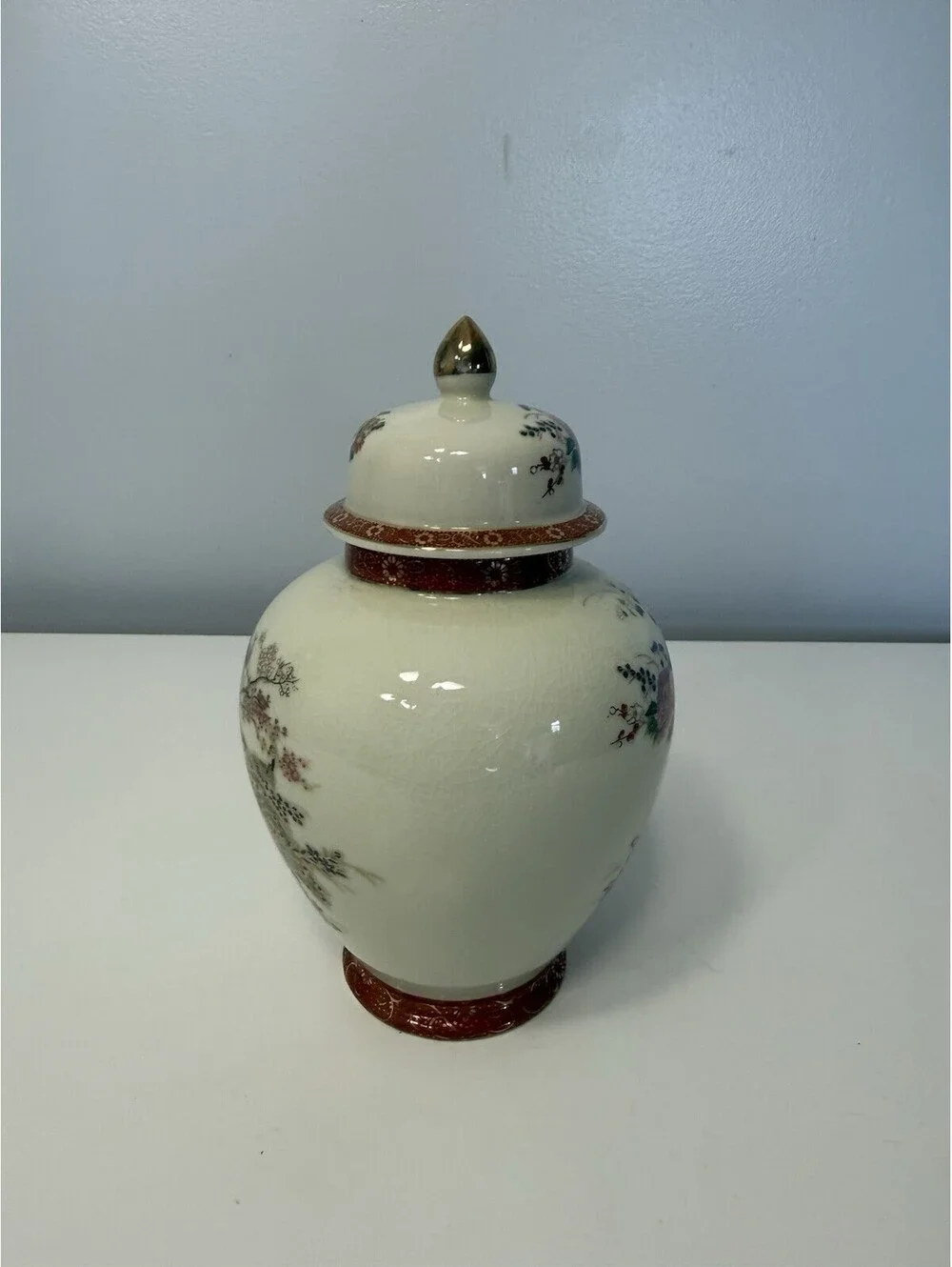 VTG Japanese SATSUMA Ginger Jar w/Lid Peacock Cherry Blossom Peony Gold Gilding